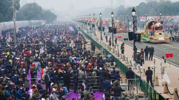 Tableaus on display during the full dress rehearsal of the Republic Day Parade, at the Kartavya Path in New Delhi.