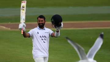 Cheteshwar Pujara celebrates a ton for Sussex