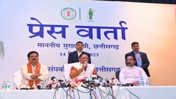 Chhattisgarh Chief Minister Vishnu Deo Sai with Deputy Chief Ministers Arun Sao and Vijay Sharma during a press conference, in Nava Raipur.