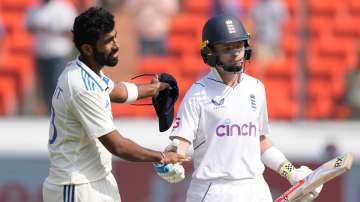 Jasprit Bumrah congratulates Ollie Pope for his magnificent knock of 196 against India in the first Test in Hyderabad