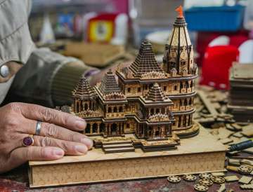 Models of the Shri Ram Janmabhoomi Temple on display at a manufacturing unit