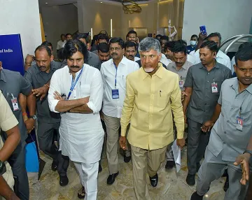 Telugu Desam Party National President N Chandrababu Naidu with Jana Sena Party President Pawan Kalyan