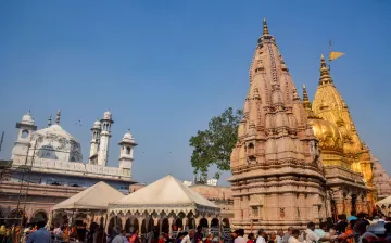 The Gyanvapi Mosque complex as seen from the Kashi Vishwanath Temple after the district court granted the family of a priest the right to worship Hindu deities in the Gyanvapi mosque cellar in Varanasi