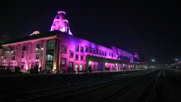 Ayodhya railway station illuminated with colourful lights, in Ayodhya.