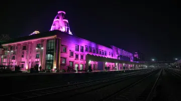 Ayodhya railway station illuminated with colourful lights, in Ayodhya.