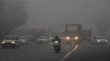 Vehicles ply on road amid low visibility during fog on a cold winter morning, in New Delhi.