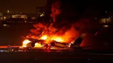 Japan Airlines' A350 airplane is on fire at Haneda international airport in Tokyo, Japan January 2, 