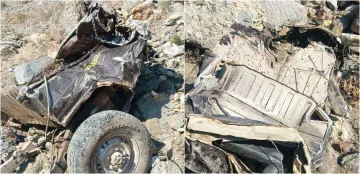 The mangled remains of the car that fell into a gorge in Jammu and Kashmir's Reasi district.