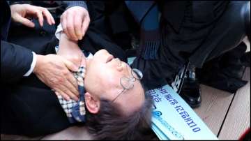 South Korean opposition leader Lee Jae-myung falls after being attacked in Busan.
