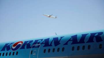 Korean Air flight parked at an airport.