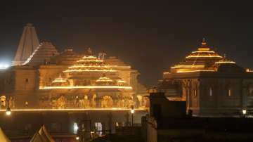The Ram Mandir in the evening ahead of its consecration ceremony in Ayodhya.