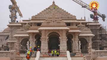 Construction work underway at the Shri Ram Janmabhoomi temple ahead of the consecration ceremony, in Ayodhya.