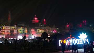 An illuminated view of the city ahead of the consecration ceremony of Ram Mandir, in Ayodhya.