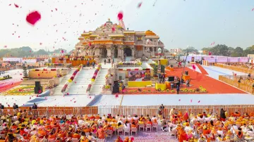 Gathering during the consecration ceremony at the Ram Mandir, in Ayodhya.