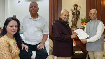Rohini Acharya with Lalu Yadav (L) and Nitish Kumar tendering his resignation letter to Bihar Govern