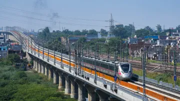 A RAPIDX train on the priority section of the Delhi-Meerut Regional Rapid Transit System (RRTS), in Ghaziabad.