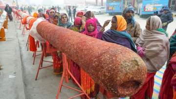 Devotees near the 108-ft long incense stick (dhoop-batti) brought from Vadodara in Gujarat.