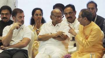 Shiv Sena (UBT) chief Uddhav Thackeray, NCP chief Sharad Pawar and Congress leader Rahul Gandhi during INDIA bloc meeting (File photo)