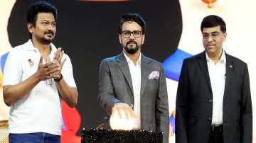 Union Minister for Youth Affairs and Sports Anurag Thakur, Tamil Nadu Minister for Youth Welfare and Sports Development Udhayanidhi Stalin and former world chess champion Viswanathan Anand during the launch of the logo, mascot and torch of the Khelo India Youth Games 2023, in Chennai.