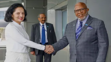 United Nations General Assembly President Dennis Francis with India’s Permanent Representative to the United Nations Ruchira Kamboj.