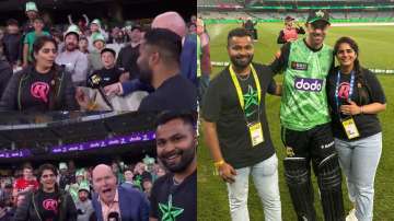 The Indian couple during the proposal (left) and after the BBL 13 match between the two Melbourne teams with Glenn Maxwell