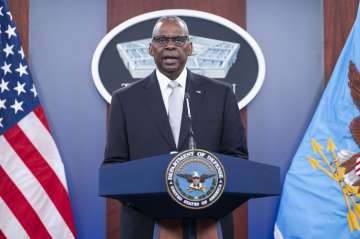 US Defense Secretary Lloyd Austin during a press conference 