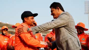 Sarfaraz Khan received his cap from former India captain and erstwhile coach Anil Kumble