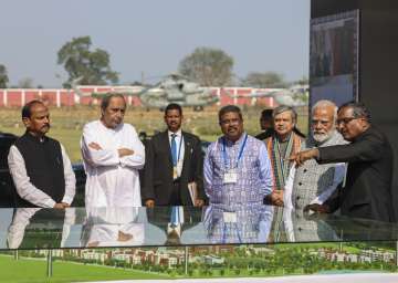 Prime Minister Narendra Modi with Odisha Governor Raghubar Das, Union Education Minister Dharmendra Pradhan, Union Minister for Electronics & Information Technology Ashwini Vaishnaw and Odisha Chief Minister Naveen Patnaik during the inauguration of IIM campus in Sambalpur