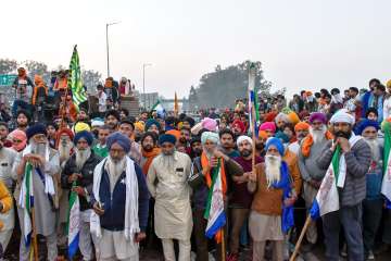 Farmers at the Punjab-Haryana Shambhu border during a protest march
