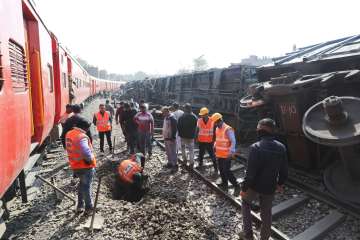 A goods train derails near Zakhira in New Delhi on Saturday