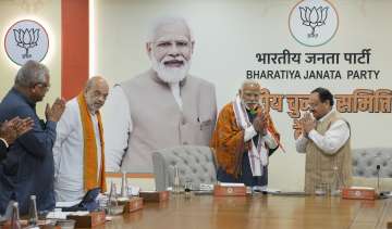 Prime Minister Narendra Modi with Union Home Minister Amit Shah, BJP National President JP Nadda and others during the BJPs Central Election Committee (CEC) meeting to finalise the first list of candidates for the upcoming Lok Sabha polls