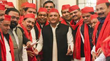 Leader of the Opposition in UP Assembly and former CM Akhilesh Yadav with party MLAs.