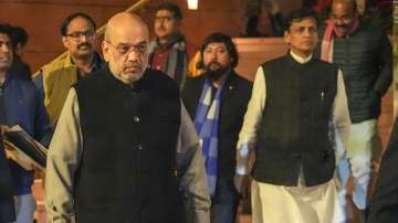 Union Home Minister Amit Shah at the Parliament House complex during the Budget session, in New Delhi.
