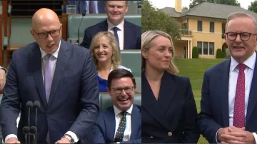 Australian Opposition Leader Peter Dutton (L) in the Parliament and PM Anthony Albanese with his new