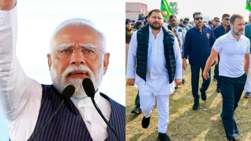 PM Modi, RJD leader Tejashwi Yadav (second right) and Congress leader Rahul Gandhi