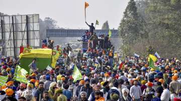 Farmers during their Delhi Chalo protest march, at the Punjab-Haryana Shambhu border.