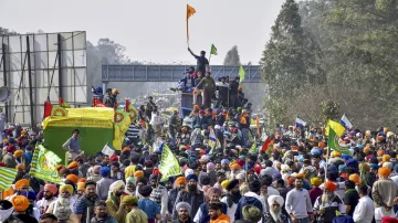 Farmers during their Delhi Chalo protest march, at the Punjab-Haryana Shambhu border.