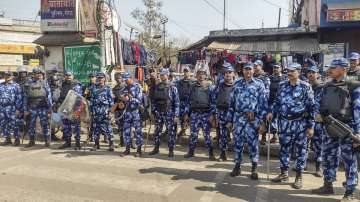 Rapid Action Force (RAF) personnel deployed in a sensitive area, a day after violence in Uttarakhands Haldwani over the demolition of an illegally built madrasa, in Meerut.