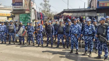 Rapid Action Force (RAF) personnel deployed in a sensitive area, a day after violence in Uttarakhands Haldwani over the demolition of an illegally built madrasa, in Meerut.