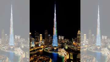 Burj Khalifa in Dubai lit up with the words 'Guest of Honor - Republic of India'