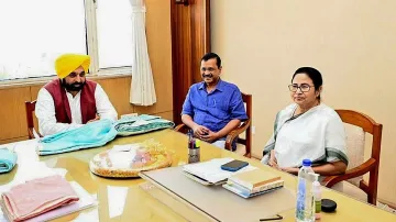 Bhagwant Mann, Arvind Kejriwal and Mamata Banerjee (File)