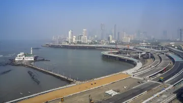 Aerial view of an under-construction portion of the Coastal Road Expressway along the Arabian Sea, in Mumbai.