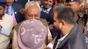 Bihar CM Nitish Kumar greets Lalu Yadav at Bihar Assembly 
