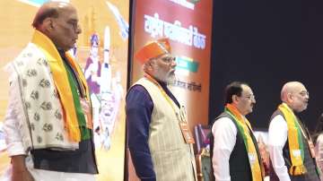 Prime Minister Narendra Modi, Defence Minister Rajnath Singh, BJP President JP Nadda and Union Home Minister Amit Shah at the BJP National Council meeting at Bharat Mandapam, in New Delhi.
