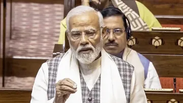 Prime Minister Narendra Modi speaks in the Rajya Sabha during the Budget session of Parliament, in New Delhi.