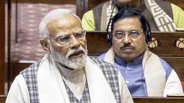 Prime Minister Narendra Modi speaks in the Rajya Sabha during the Budget session of Parliament, in New Delhi.