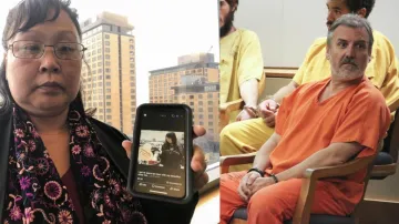 Rena Sapp shows a photo of her sister, Veronica Abouchuk (L) outside a courtroom and accused Steven 