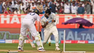 Jasprit Bumrah celebrates after shattering Ollie Pope's stumps.