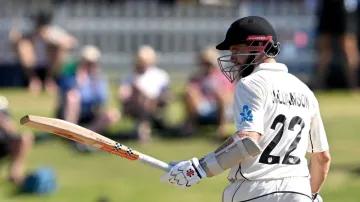 Kane Williamson celebrates his century.