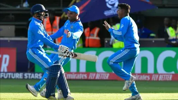 Indian players celebrate after a thrilling semifinal against South Africa.